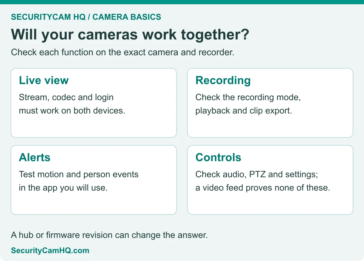 Four checks before mixing camera brands: live view, recording, alerts and controls.